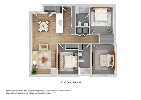 Floor plan for 3 beds, 2 baths, 1280 sqft